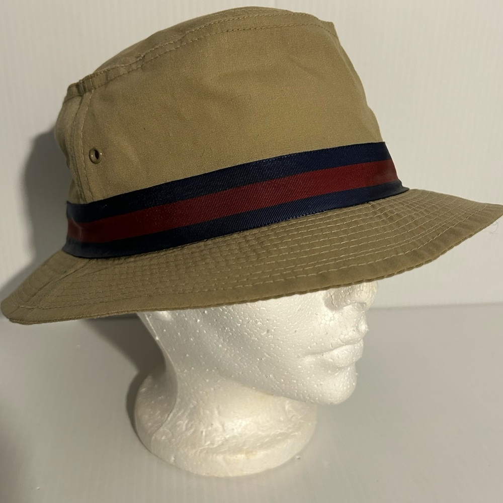 L.L. Bean Tan Bucket Hat with Navy and Red Band